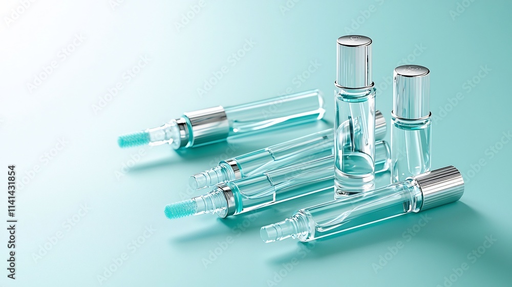 Poster beautifully arranged clear lip gloss tubes with elegant shadows reflections and a captivating sheen 