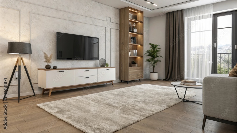 Poster a plush area rug grounds the setup providing a soft texture that contrasts with the hard surfaces of