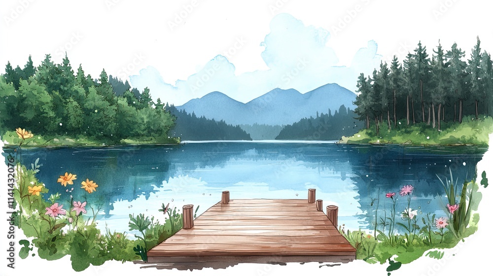 Poster A wooden dock extends into a calm lake with lush greenery and mountains in the background, creating a serene and tranquil scene.
