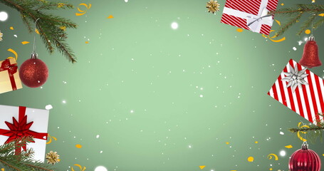 Fototapeta premium Image of white stars over christmas decorations and presents on green background with copy space