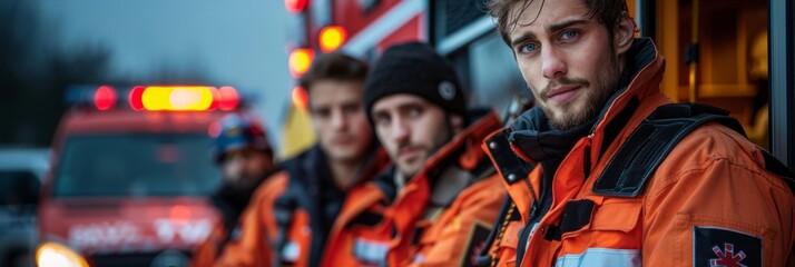 Closeup of a young man in an orange jacket with a red star. He is standing near an ambulance with other men in orange. AI generative.