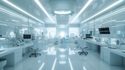 A futuristic, sterile, white lab with sleek equipment, a round window and a bright overhead light. AI generative.