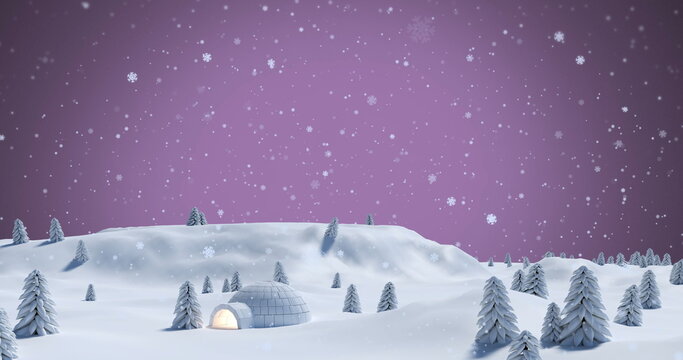Image of white christmas snowflakes falling over winter landscape with illuminated igloo - Powered by Adobe