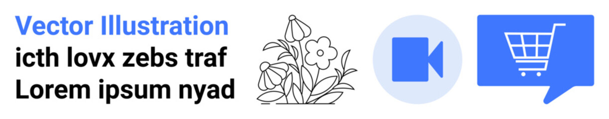 Black and white flowers, a blue video camera icon, and a blue shopping cart in a speech bubble. Ideal for floral designs, multimedia content, online shopping, digital communication, e-commerce