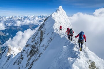 Climbers ascend a snow-covered mountain ridge, against a backdrop of stunning alpine scenery. Illustrates teamwork, perseverance, and the challenges of reaching mountain peaks.