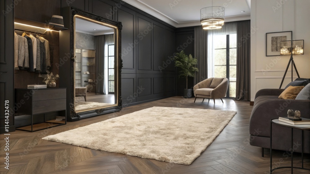 Poster a plush area rug anchors the space harmonizing with the dark palette while the reflective surface of