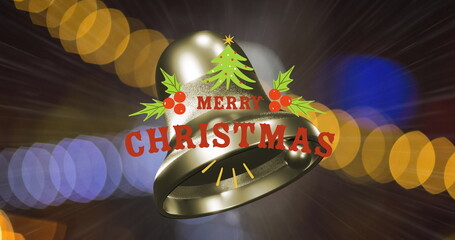 Image of merry christmas text over ringing bell and defocussed blue and orange string lights