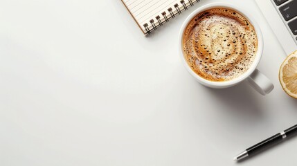 Top view of a white desk with a cup of coffee, a notebook, a pen and a slice of lemon. AI generative.