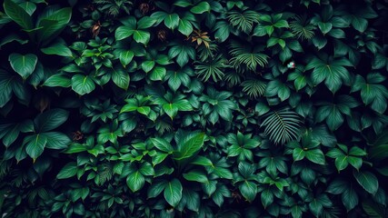 Tropical plants wall covered in lush green foliage, freshness, environment, wall