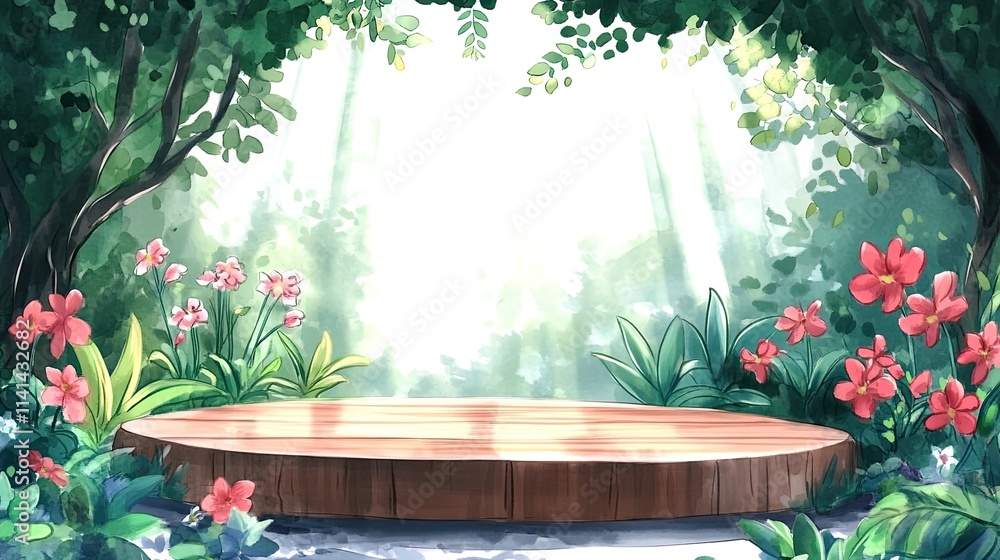 Poster a wooden platform in a lush forest setting with sunlight filtering through the canopy, perfect for s