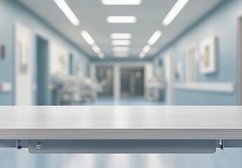 Empty hospital table with blurred hallway background.