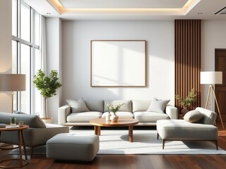 Modern living room interior with a mockup of wall art print, living room, modern