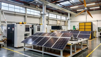 Solar Panels and a Wind Turbine in a Large Industrial Facility