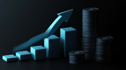 Blue Growth Arrow and Stacks of Coins..