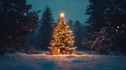 Christmas Tree on Snow at Night with Shiny Star and Gift Boxes in Winter Forest