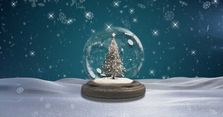 Snowflakes falling over christmas tree in a snow globe against blue background