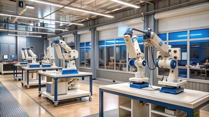 Naklejka premium Industrial robotic arms on rolling workstations in a factory setting
