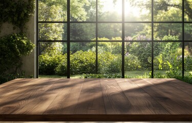 Sunlit wooden table overlooking a lush garden through large windows.