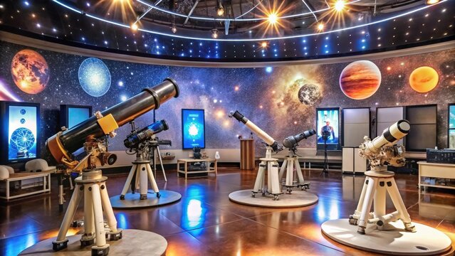 Telescopes in an Astronomy Exhibit with a Starry Background