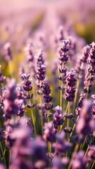 Obraz premium Macro shot of details on a purple lavender field in full bloom, lavender farm, bees, lavender, close up