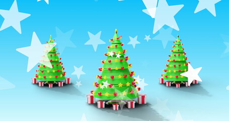 Fototapeta premium Image of stars over christmas trees on blue background