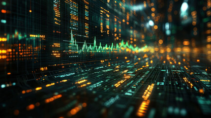 Abstract 3D rendering of financial charts with glowing data visualizations