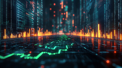 Digital financial charts with glowing data visualizations and reflections