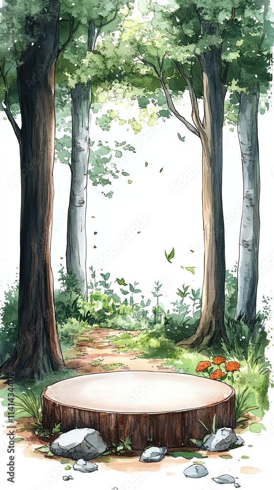 Poster a wooden stump with stones sits in a clearing in the woods. a path leads back into the trees. the ba