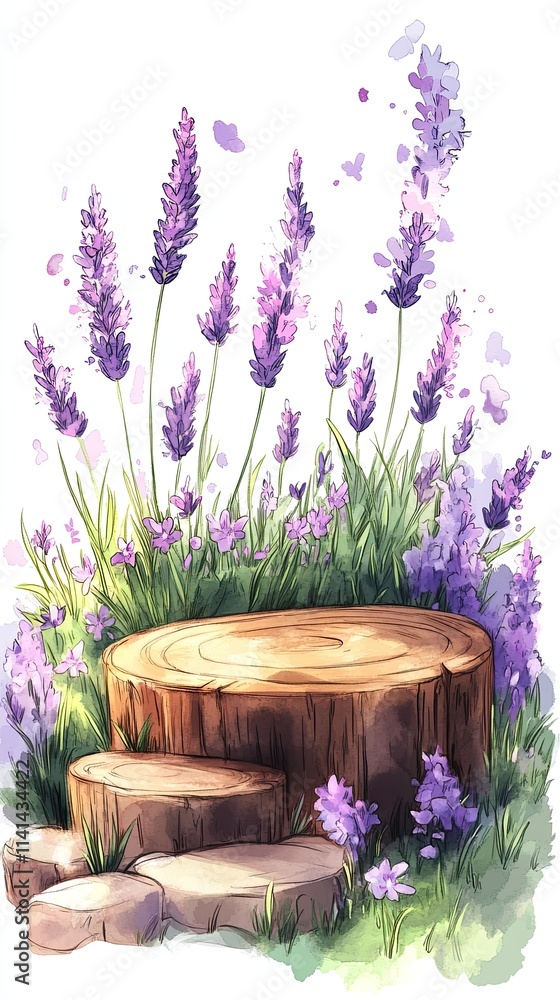 Poster A wooden stump with two steps sits in a field of lavender flowers, creating a charming and rustic scene.