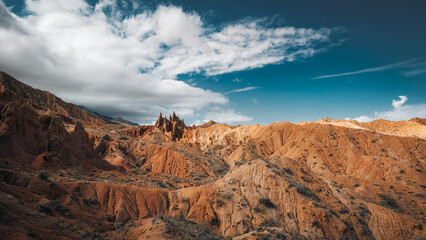 Panoramic view of beautiful landscape of Skazka canyon, famous destination in Kyrgyzstan