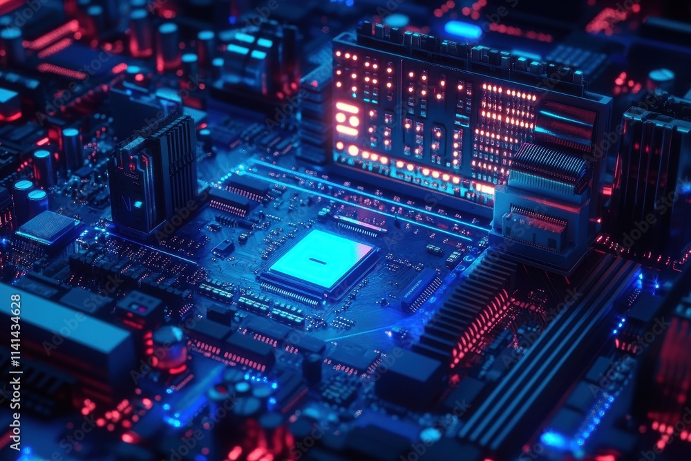 Poster close-up of a glowing computer motherboard, intricate circuits and components. ideal for tech, ai, a