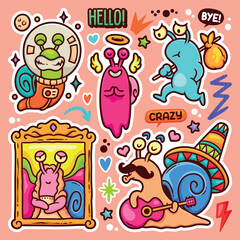 Fototapeta premium Snails Sticker Balloon Hand Drawn Doodle Element Vector Collection 