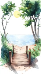 Fototapeta premium A wooden walkway leads to a sandy beach with trees and a bright sun in the background.