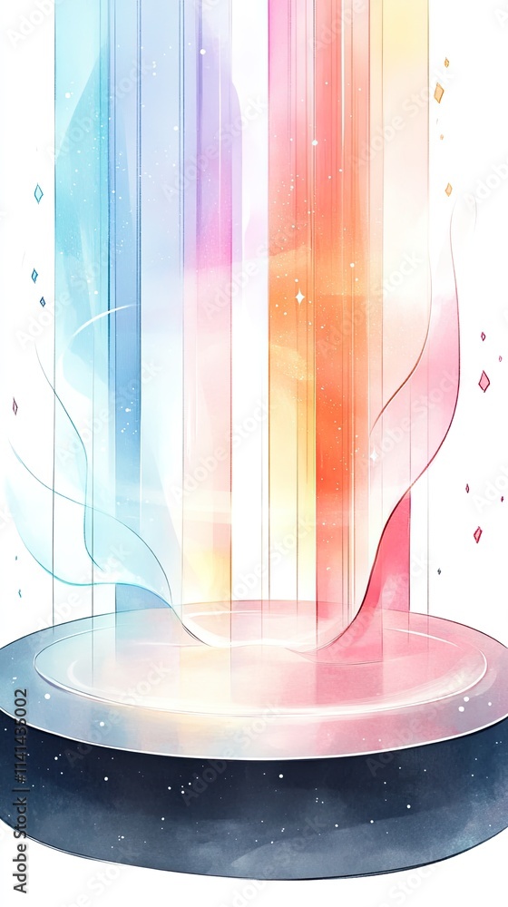 Poster abstract background with swirling colors and light beams emanating from a round platform.