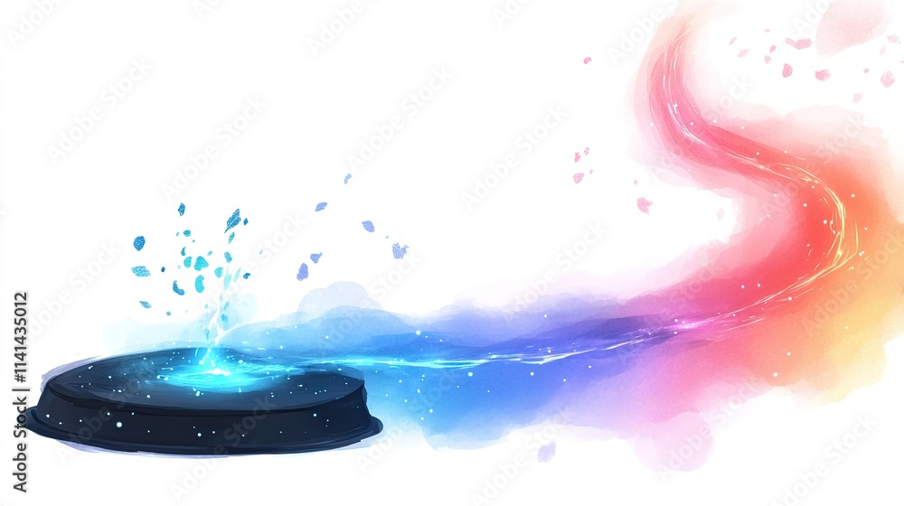 Poster abstract colorful digital art of a round platform with a blue light and a curved stream of light.