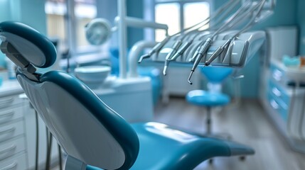 Fototapeta premium Blue dentist chair with dental tools hanging above. AI generative.