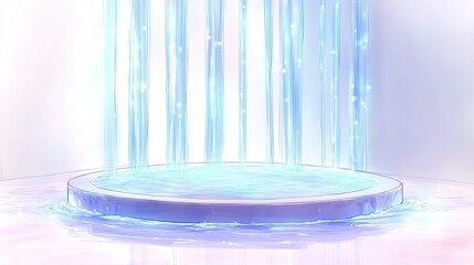 Abstract blue water flowing on podium.