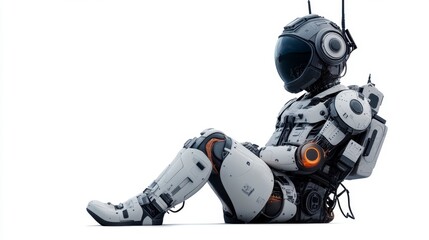 Sad Robot Astronaut Sitting, White Background, Sci-Fi