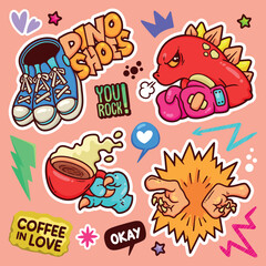 Dinosaurs Sticker Balloon Hand Drawn Doodle Element Vector Collection 