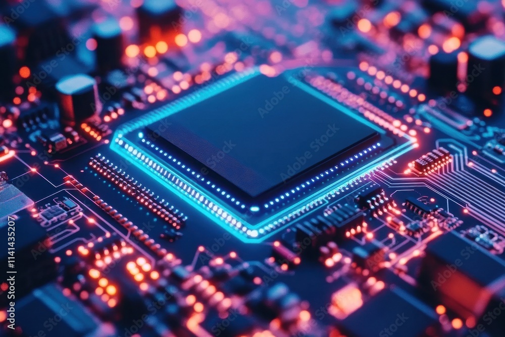 Poster close-up of a glowing computer chip on a circuit board. illustrates technology, computing power, and
