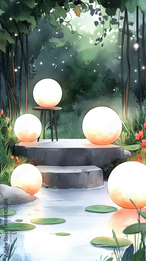 Poster glowing spheres illuminate a serene forest scene with a pond and lily pads, creating a magical atmos