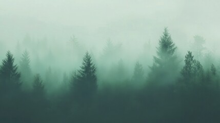 Fototapeta premium Misty Green Forest, Enigmatic Coniferous Trees in Fog