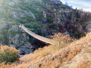 Hanging bridge between mountains in La Cumbrecita,Cordoba, Argentina