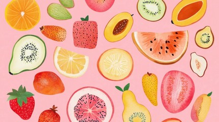 Vibrant Fruit Medley on Pink Background - Flat Lay Design