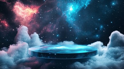 Futuristic Glass Podium Floating in a Nebula, Cosmic Display