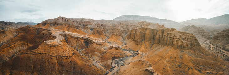 Panoramic aerial view of famous Konorchek canyon in Kyrgyzstan