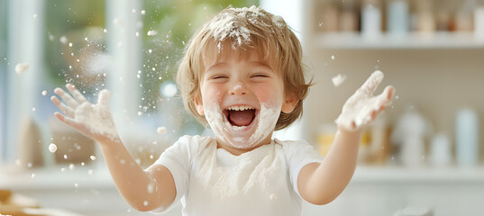 A joyful child playing with flour, laughing and spreading it around in a bright kitchen.