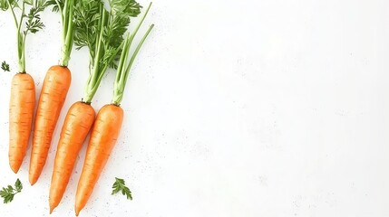 Fresh, vibrant carrots with green tops arranged on a light background, highlighting their organic appeal and nutritional value.