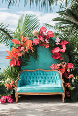 Bold Turquoise Sofa on a Wedding Stage Framed by Gold Accents and Vibrant Floral Arrangements