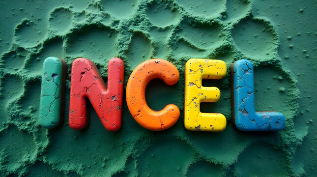 Creative Display of the Word 'INCEL' Made from Colorful Letter Blocks on a Textured Background